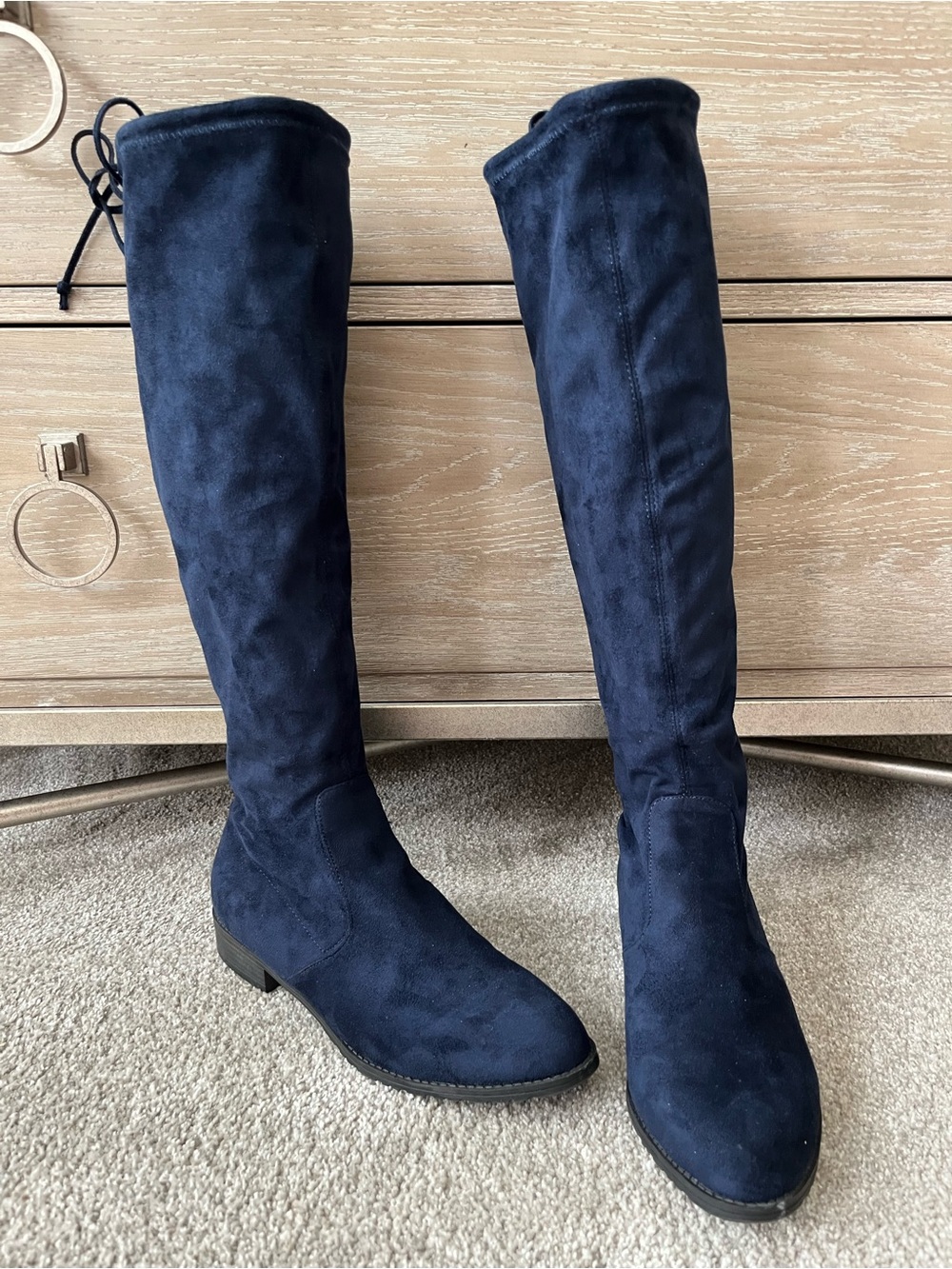 Unisa Navy Blue Faux Suede Pull On Tall Boots Sz 7.5 1" Heel Tie Back